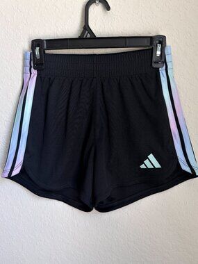 Adidas Youth Medium Black Athletic Running Shorts Pastel Side Stripes. (C)